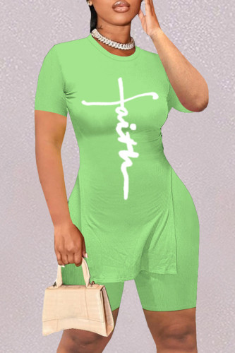 Green Fashion Casual Print Slit O Neck Short Sleeve Two Pieces