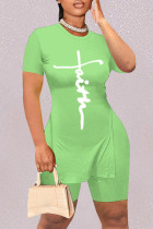 グリーンファッションカジュアルプリントスリットOネック半袖ツーピース