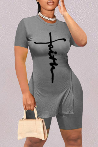 Grey Fashion Casual Print Slit O Neck Short Sleeve Two Pieces