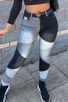 Jean skinny en denim noir à patchwork de couleurs décontractées à taille moyenne