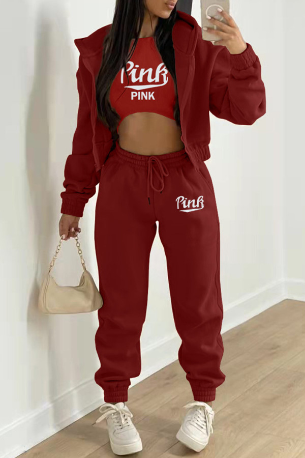 Burgundy Fashion Casual Letter Print Cardigan Vests Pants Hooded Collar Long Sleeve Three-piece Set