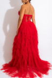 Rode mode sexy casual sexy kanten doorschijnende feest mesh strapless jurken
