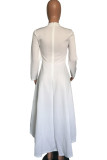 Vestido de manga comprida assimétrico branco fashion casual assimétrico com gola O