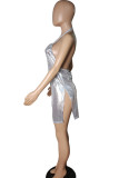 Серебряные сексуальные однотонные лоскутные прямые платья с открытой спиной и V-образным вырезом