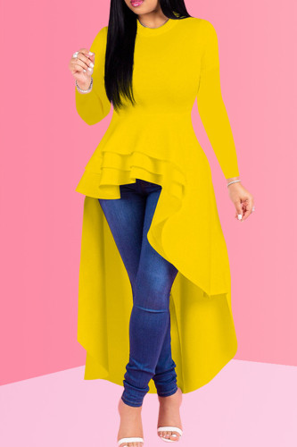 Желтое модное повседневное однотонное асимметричное платье с круглым вырезом и длинным рукавом