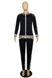 Black Fashion Casual Print Hollowed Out Patchwork Slit Zipper Collar Long Sleeve Two Pieces