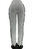 Grey Casual Street Solid Tassel Patchwork Straight Straight Patchwork Bottoms