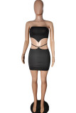 Red Fashion Sexy Solid Hollowed Out Strapless Sleeveless Two Pieces Crop Tops And Skirt Sets