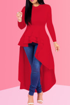 Rode mode casual effen asymmetrische O-hals jurk met lange mouwen
