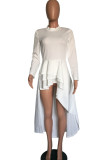 White Fashion Casual Solid Asymmetrical O Neck Long Sleeve Dress