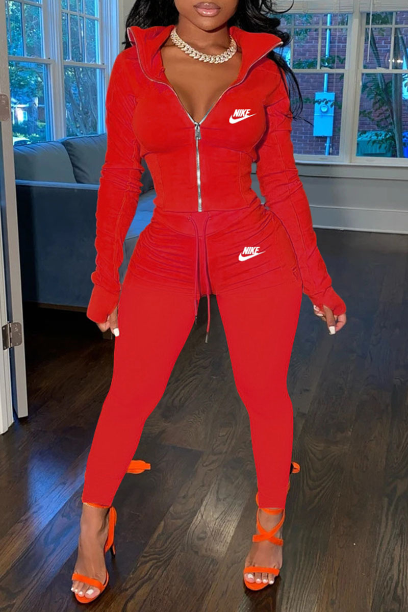 

Red Fashion Sportswear Print Split Joint Turndown Collar Long Sleeve Two Pieces