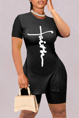Black Fashion Casual Print Slit O Neck Short Sleeve Two Pieces