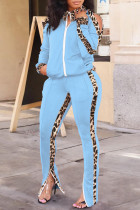 Light Blue Fashion Casual Print Hollowed Out Patchwork Slit Zipper Collar Long Sleeve Two Pieces