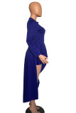 Vestido de manga larga con cuello en O asimétrico sólido casual de moda azul
