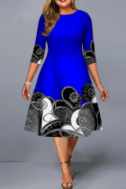 ブルー ファッション カジュアル プリント ベーシック O ネック プラス サイズ ドレス