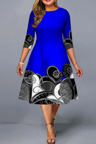 Blue Fashion Casual Print Basic O Neck Plus Size Dresses