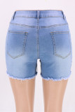 Baby Blue Fashion Casual Solid Patchwork High Waist Tiered Fringed Regular Denim Shorts