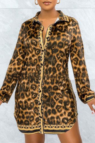 Mode-casual print met luipaardprint en luipaardprint met ronde kraag en overhemdjurk