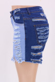 Short jeans azul bebê moda casual patchwork sólido rasgado cintura alta regular