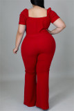 Macacão vermelho fashion casual básico sólido com decote em V plus size