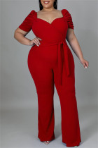 Macacão vermelho fashion casual básico sólido com decote em V plus size