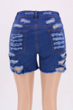 Pantalones cortos de mezclilla regulares de cintura alta rasgados sólidos de patchwork casual de moda azul bebé