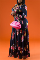 Tibétain bleu mode décontracté imprimé bandage col en V manches longues robes de grande taille