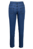 Blauwe mode casual effen gescheurde uitgeholde hoge taille skinny denim jeans