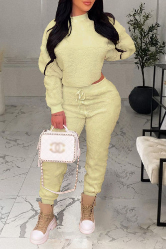 Light Yellow Casual Solid Patchwork O Neck Long Sleeve Two Pieces