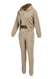 Brown Fashion Casual Solid Cardigan Gilets Pantalon O Neck Long Sleeve Three-piece Set