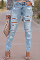 Light Color Fashion Casual Solid Mid Waist Regular Distressed Ripped Denim Jeans