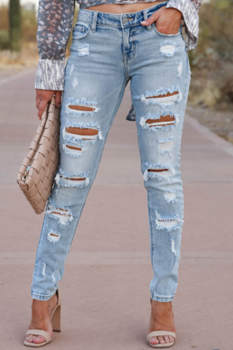 Light Color Fashion Casual Solid Ripped Mid Waist Regular Denim Jeans