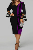 Фиолетовый модный повседневный принт в стиле пэчворк с V-образным вырезом и длинным рукавом, платья больших размеров