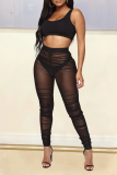 Black Sexy Solid Mesh Skinny High Waist Pencil Solid Color Bottoms