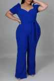 Macacão azul fashion casual sólido básico com decote em V plus size