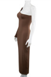 Vestidos de manga larga con cuello oblicuo sin espalda ahuecado sólido sexy de moda marrón