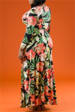 Multicolor Fashion Casual Print Bandage V-Ausschnitt Langarm Kleider in Übergröße