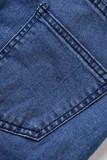 Blaue, modische, lässige, solide, ausgehöhlte, dünne Denim-Jeans mit hoher Taille