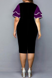 Бордовое модное повседневное платье больших размеров в стиле пэчворк с круглым вырезом и коротким рукавом