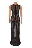 Schwarze Mode Sexy Patchwork Hot Drilling Durchsichtiges Abendkleid mit O-Ausschnitt und Schlitz