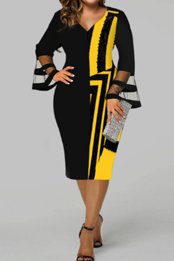 Желтый модный повседневный принт в стиле пэчворк с V-образным вырезом и длинным рукавом платья больших размеров