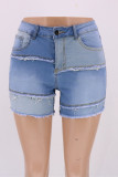 Short jeans azul bebê moda casual patchwork sólido cintura alta regular