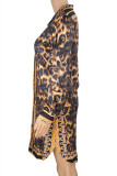 Estampa de leopardo moda casual estampa leopardo patchwork gola aberta camisa vestido
