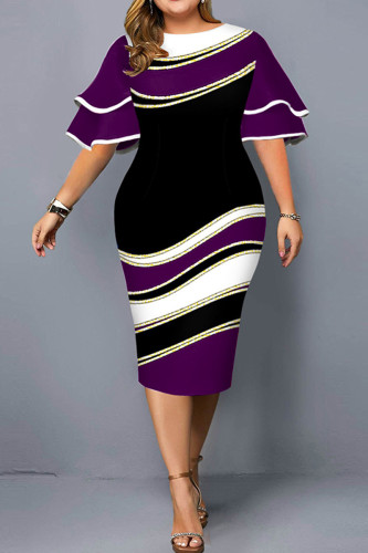 Purple Fashion Casual Plus Size Print Split Joint O Neck Short Sleeve Dress