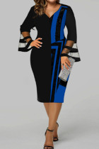ブルーファッションカジュアルプリントパッチワークVネック長袖プラスサイズのドレス