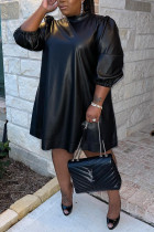 ブラックファッションカジュアルソリッドマンダリンカラーAラインプラスサイズのドレス