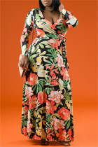 Многоцветная модная повседневная повязка с принтом и V-образным вырезом с длинным рукавом Платья больших размеров