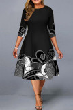 ブラックファッションカジュアルプリントベーシックOネックプラスサイズのドレス