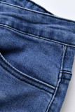 Jeans de mezclilla ajustados de cintura alta ahuecados rasgados sólidos casuales de moda azul
