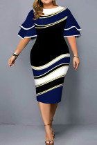 Diepblauwe mode casual plus size print patchwork jurk met korte mouwen en ronde hals